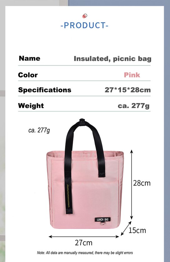 Roze lunchtas (27x15x28cm) met zwarte hengsels en een "LUNCH BAG" logo op de voorkant.