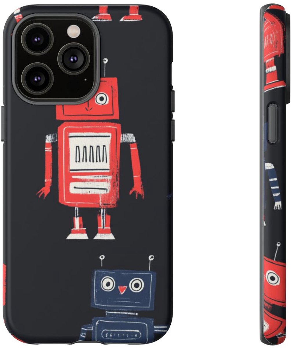 Retro Robotpatroon in Rood en Blauw – Telefoonhoesje Geschikt voor iPhone 14 Pro Max