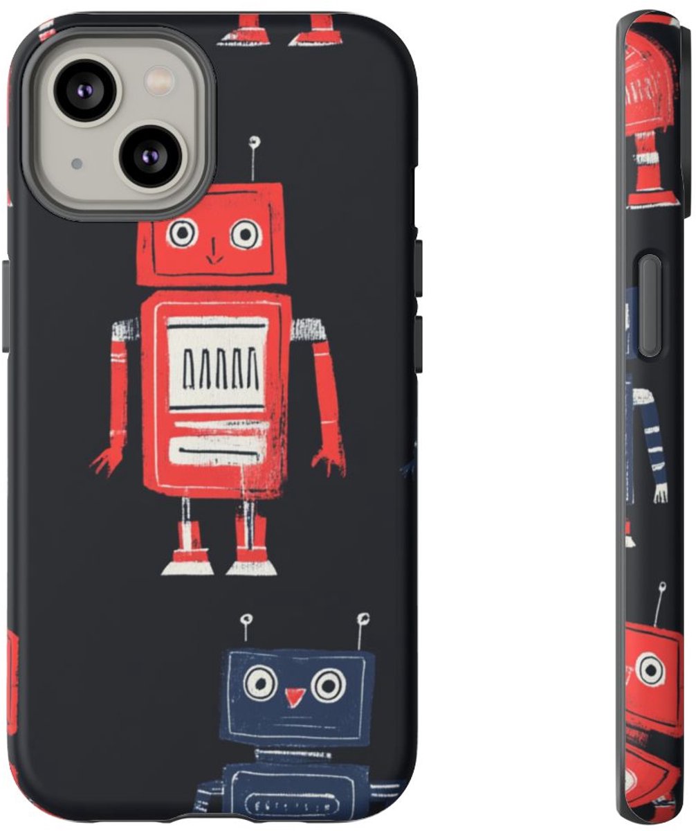 Retro Robotpatroon in Rood en Blauw – Telefoonhoesje Geschikt voor iPhone 14