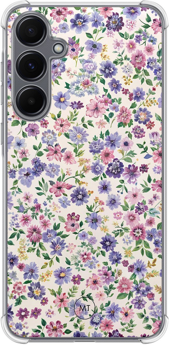 Hoesje (shockproof) geschikt voor Samsung Galaxy A55 - Paarse bloemen - Extra sterke case - TPU/polycarbonaat - Bloemen - Paars, Transparant