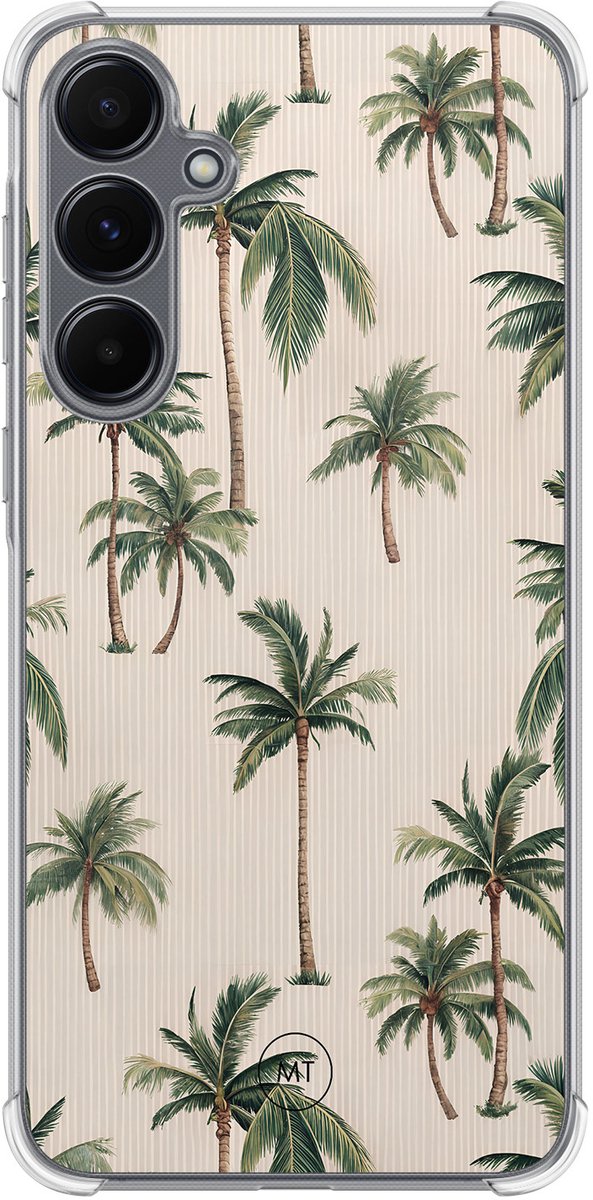 Hoesje (shockproof) geschikt voor Samsung Galaxy A55 - Palmbomen print - Extra sterke case - TPU/polycarbonaat - Natuur - Beige, Groen, Transparant