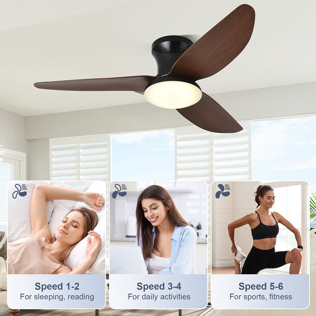 Rosnek Plafondventilator met Verlichting - 100 cm Diameter Smart Lamp met Afstandsbediening & App - 6 Windsnelheden, 3 Kleurtemperaturen - Plafond Ventilator Lamp met Timer, Landelijke Stijl voor Slaapkamer, Woonkamer & Terras thumbnail 4
