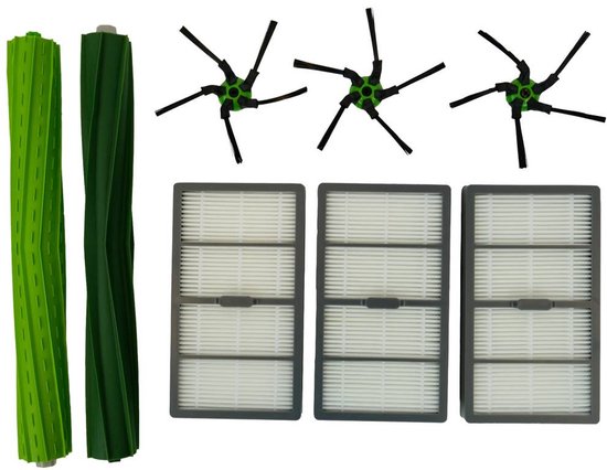 Twee groene borstels, drie zwarte borstels met groene details en drie witte filters.