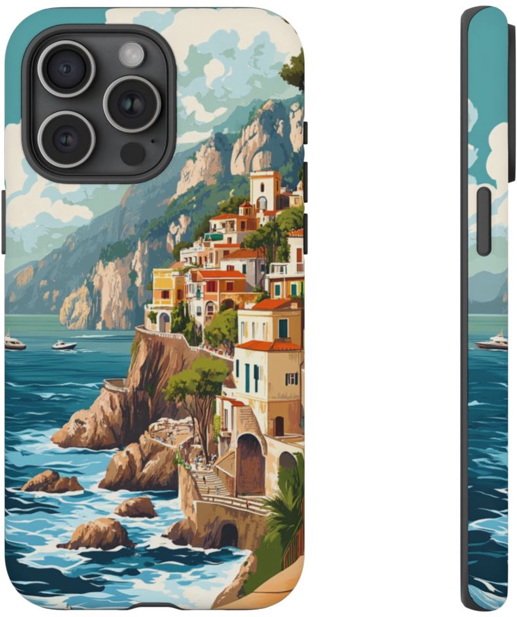 Retro Illustratie van de Amalfikust – Telefoonhoesje Geschikt voor iPhone 15 Pro Max