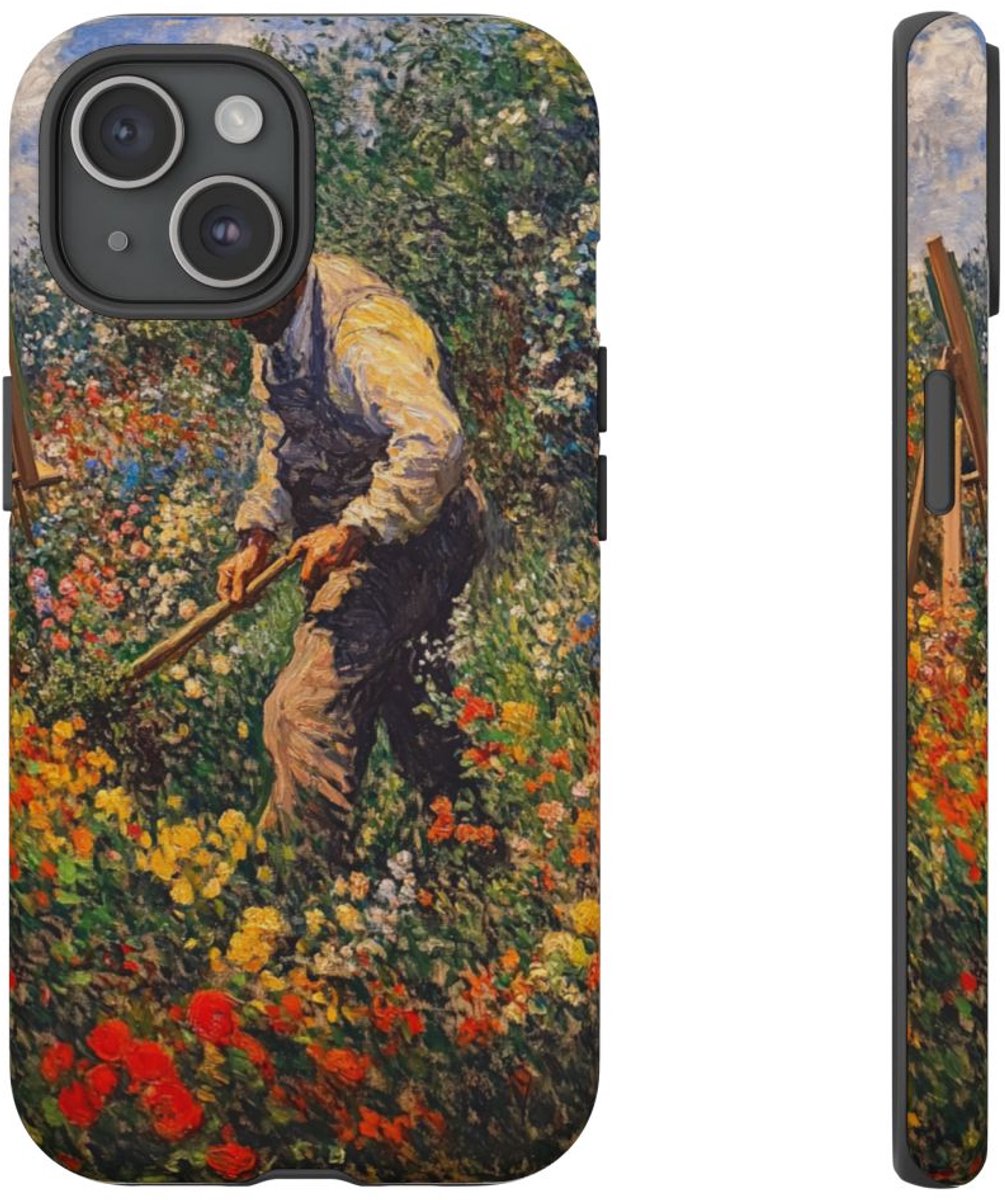 Tuinier in Bloemrijke Tuin – Telefoonhoesje Geschikt voor iPhone 15