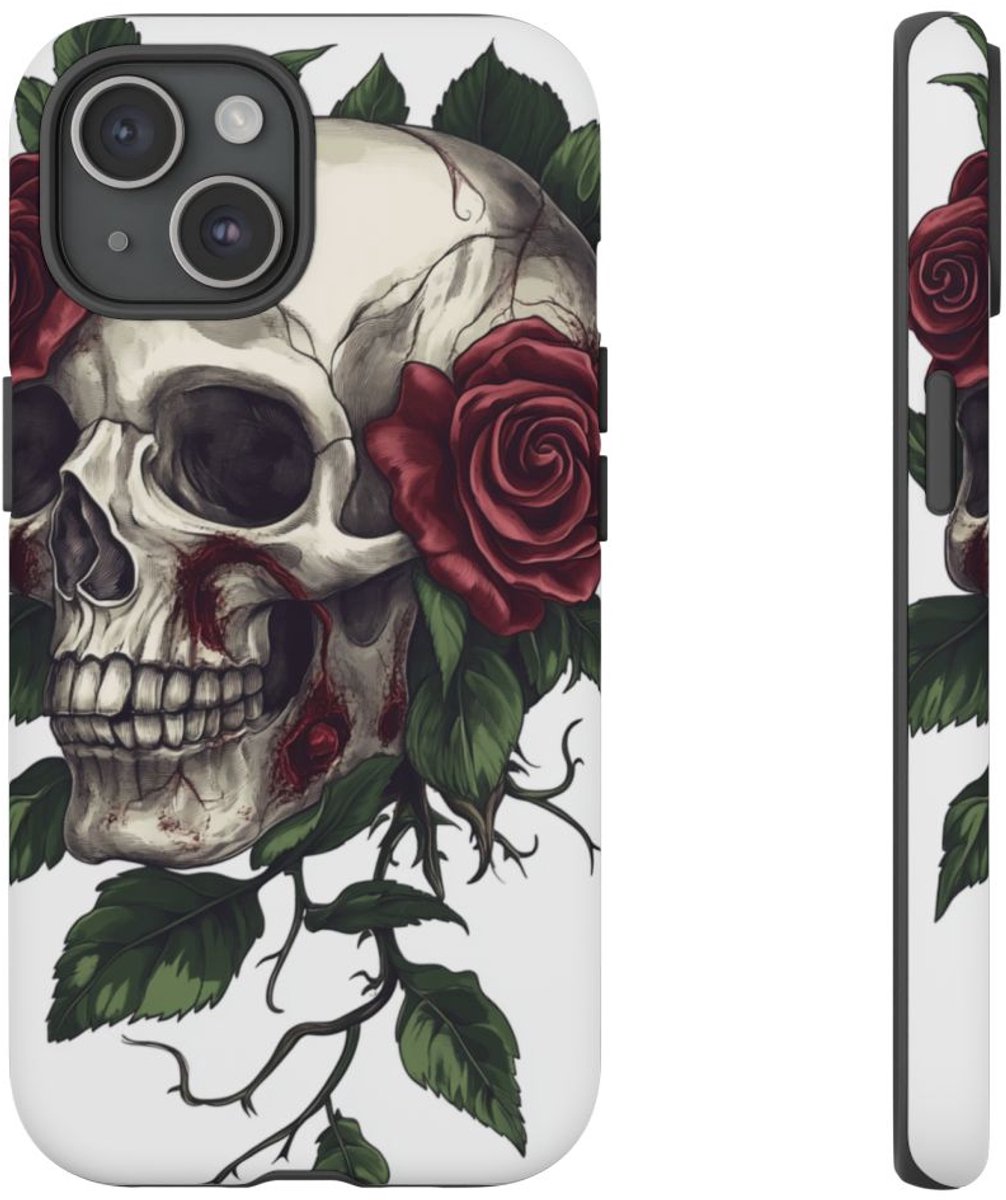 Schedel met Rode Rozen en Groene Bladeren – Telefoonhoesje Geschikt voor iPhone 15