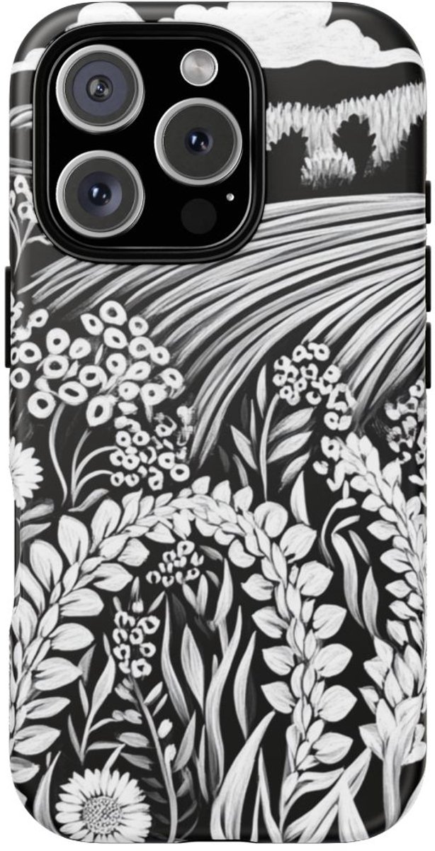 Zwart-Wit Bloemenveld Illustratie – Telefoonhoesje Geschikt voor iPhone 16 Pro