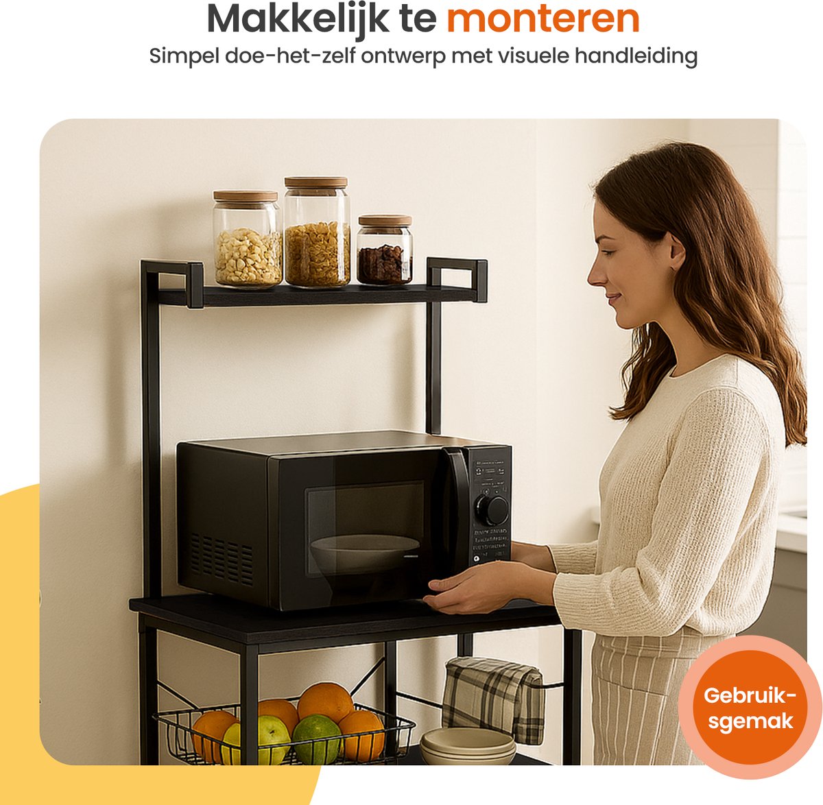 Goliving Keukenkast – Keukenrek Staand – Magnetronkast – Organizer – Metaal – Hout – 90 x 40 x 132 cm – Zwart — cadeau in Cadeau-ideeën - foto 7