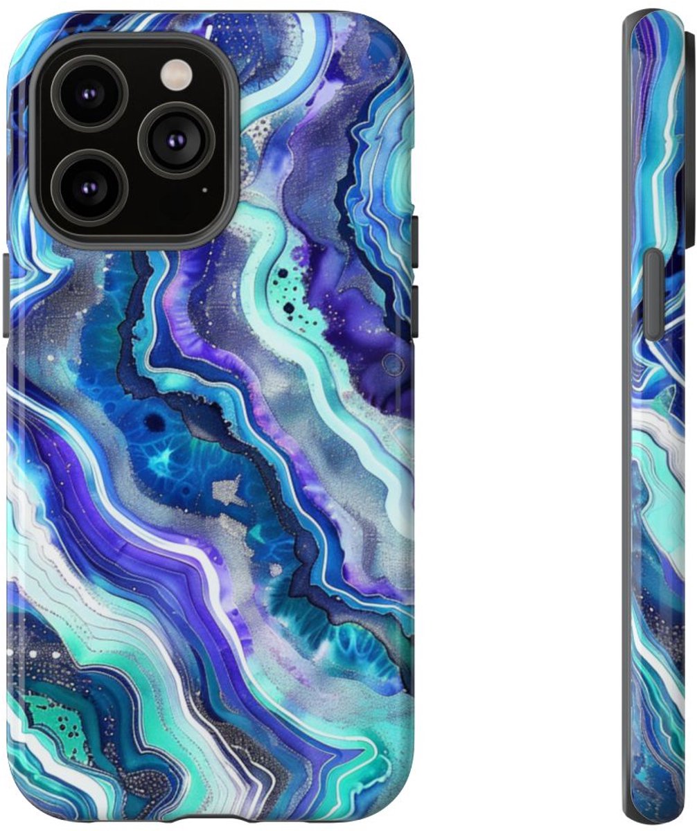 Blauw en Turquoise Geode Wervelpatroon – Telefoonhoesje Geschikt voor iPhone 14 Pro Max