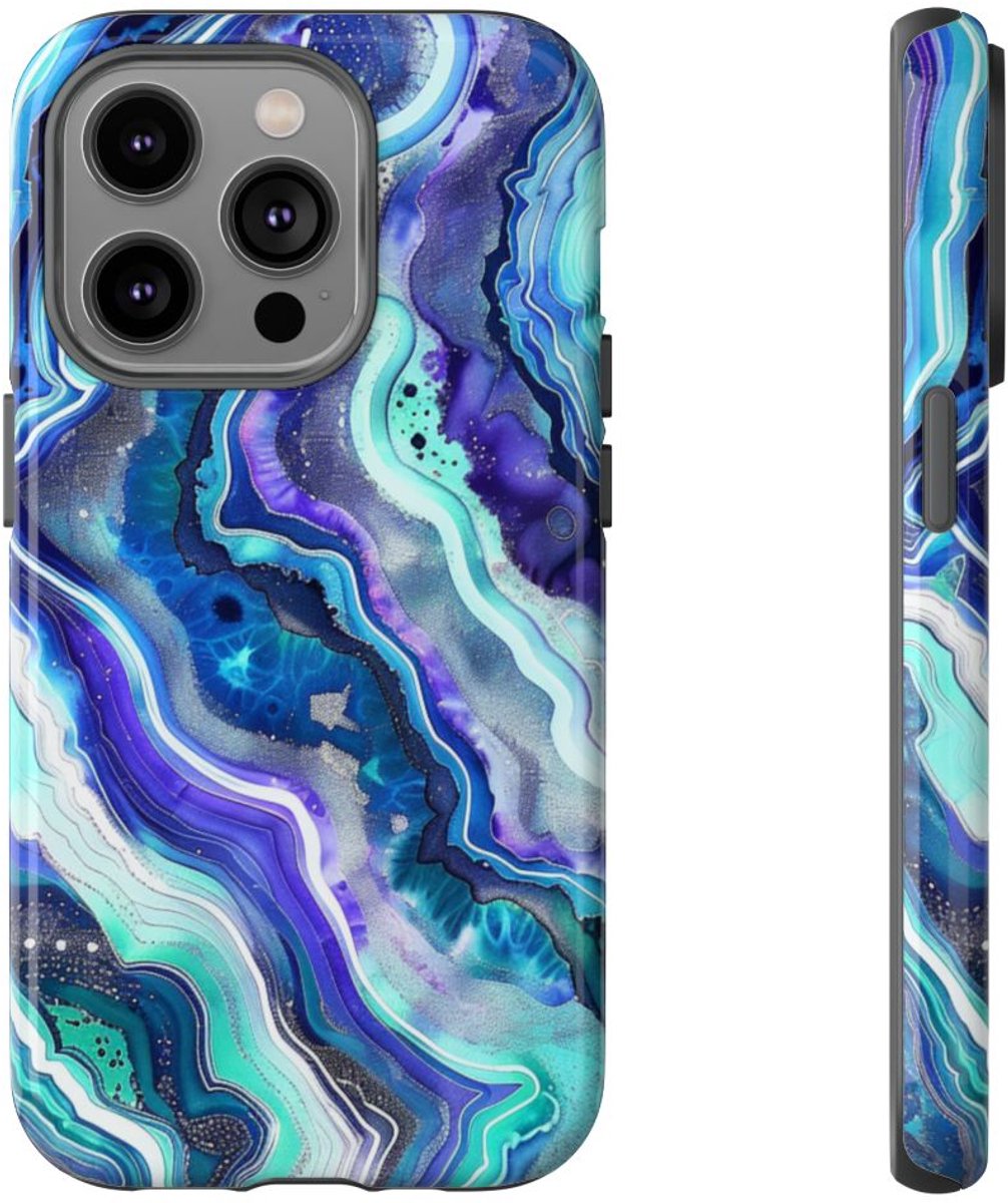 Blauw en Turquoise Geode Wervelpatroon – Telefoonhoesje Geschikt voor iPhone 14 Pro