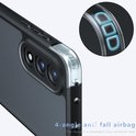 Detail van een telefoonhoesje met een transparante backcase en zilverkleurige knoppen, met een 4-hoekige anti-val airbag.