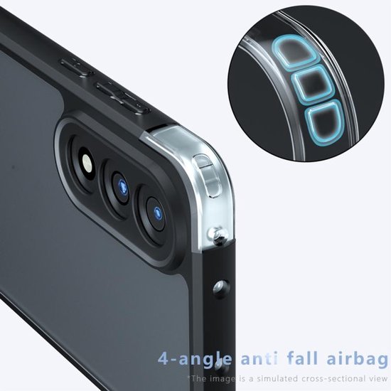 Detail van een telefoonhoesje met een transparante backcase en zilverkleurige knoppen, met een 4-hoekige anti-val airbag.