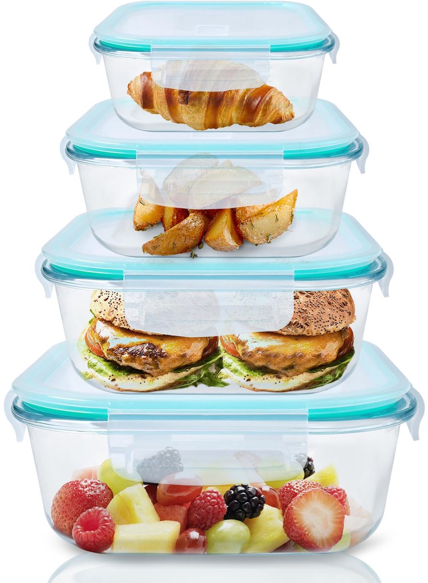 HOUSLUX maaltijdboxen Glazen containers met deksels Vaatwasserbestendige glazen voedselcontainers met deksels, magnetron- en vriezerbestendig - Lekvrij (olijfgroen, 320+520+800+1200ml)
