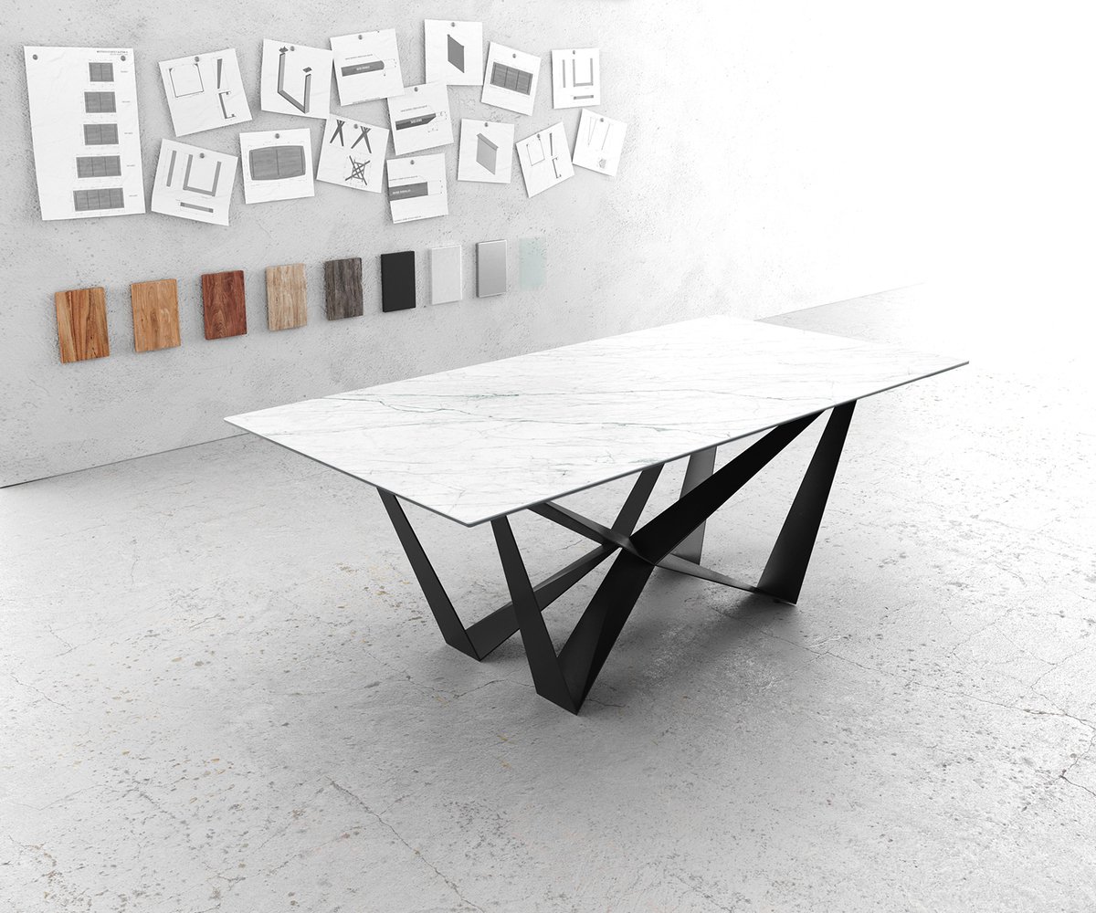 DELIFE Eettafel Edge Laminam® keramiek wit 200x100cm middenvoet vlak staal zwart
