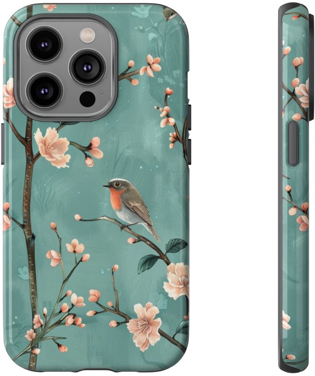 Perzikbloesem en Roodborstjes Patroon – Telefoonhoesje Geschikt voor iPhone 14 Pro