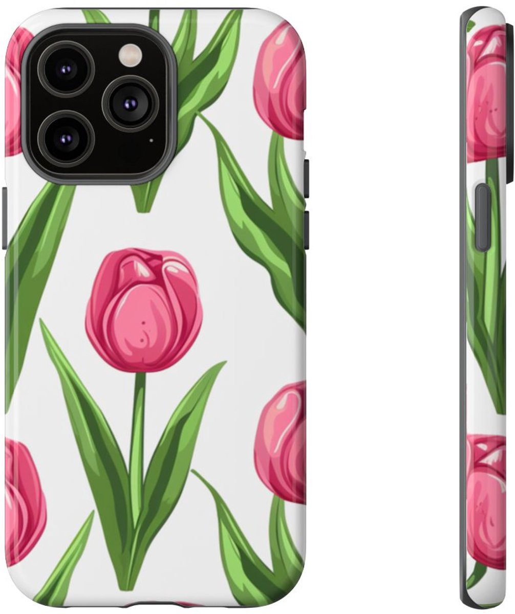 Roze Tulp Bloemenpatroon – Telefoonhoesje Geschikt voor iPhone 14 Pro Max
