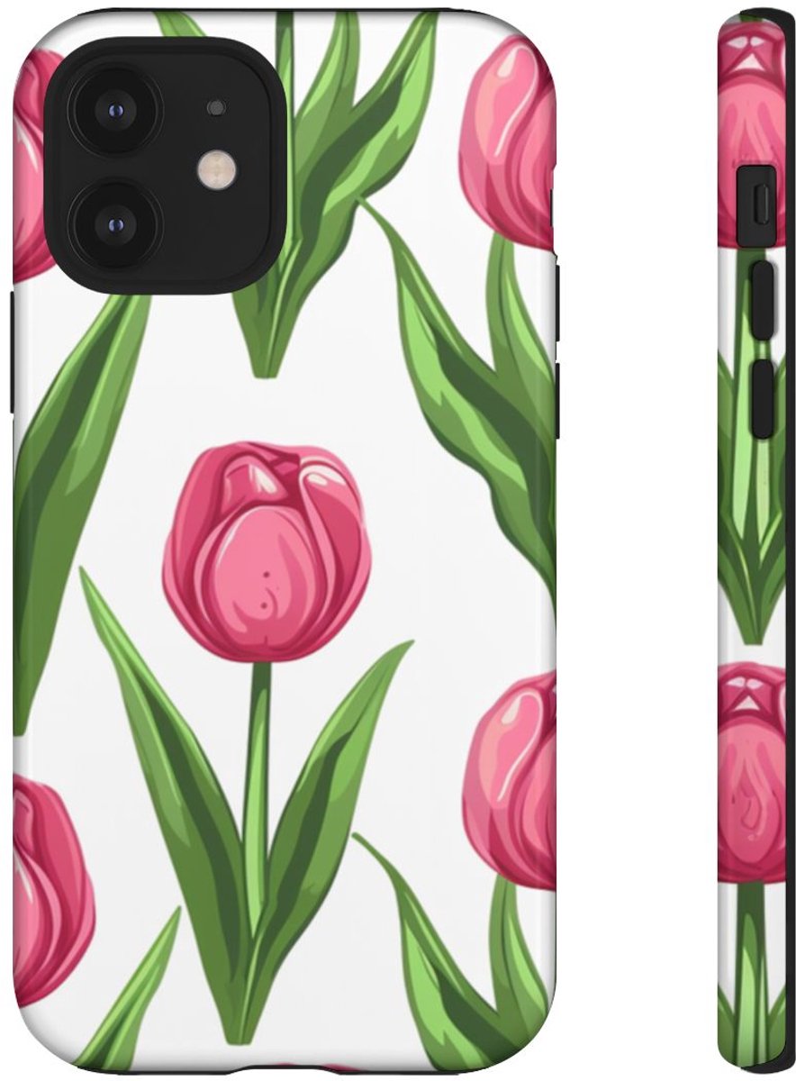 Roze Tulp Bloemenpatroon – Telefoonhoesje Geschikt voor iPhone 12