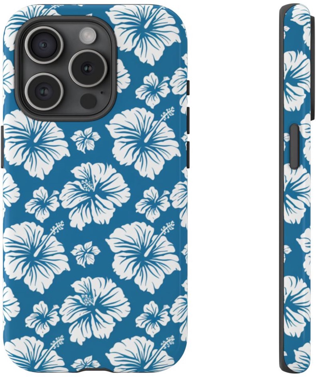 Wit Hawaïaans Bloemenpatroon op Blauw – Telefoonhoesje Geschikt voor iPhone 15 Pro