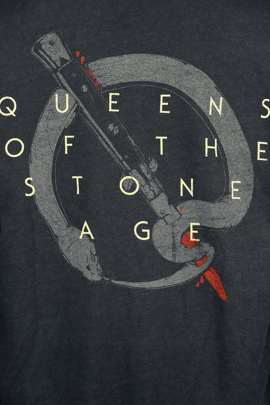 Detail van de opdruk op een antracietgrijs vest met capuchon: een slang om een geweer, met de tekst 'Queens of the Stone Age'.