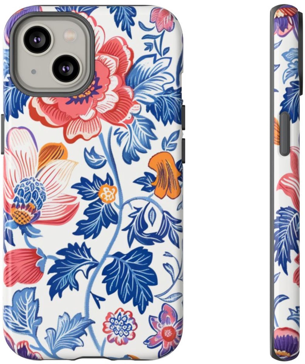 Kleurrijk Bloemenpatroon met Blauwe Bladeren – Telefoonhoesje Geschikt voor iPhone 14