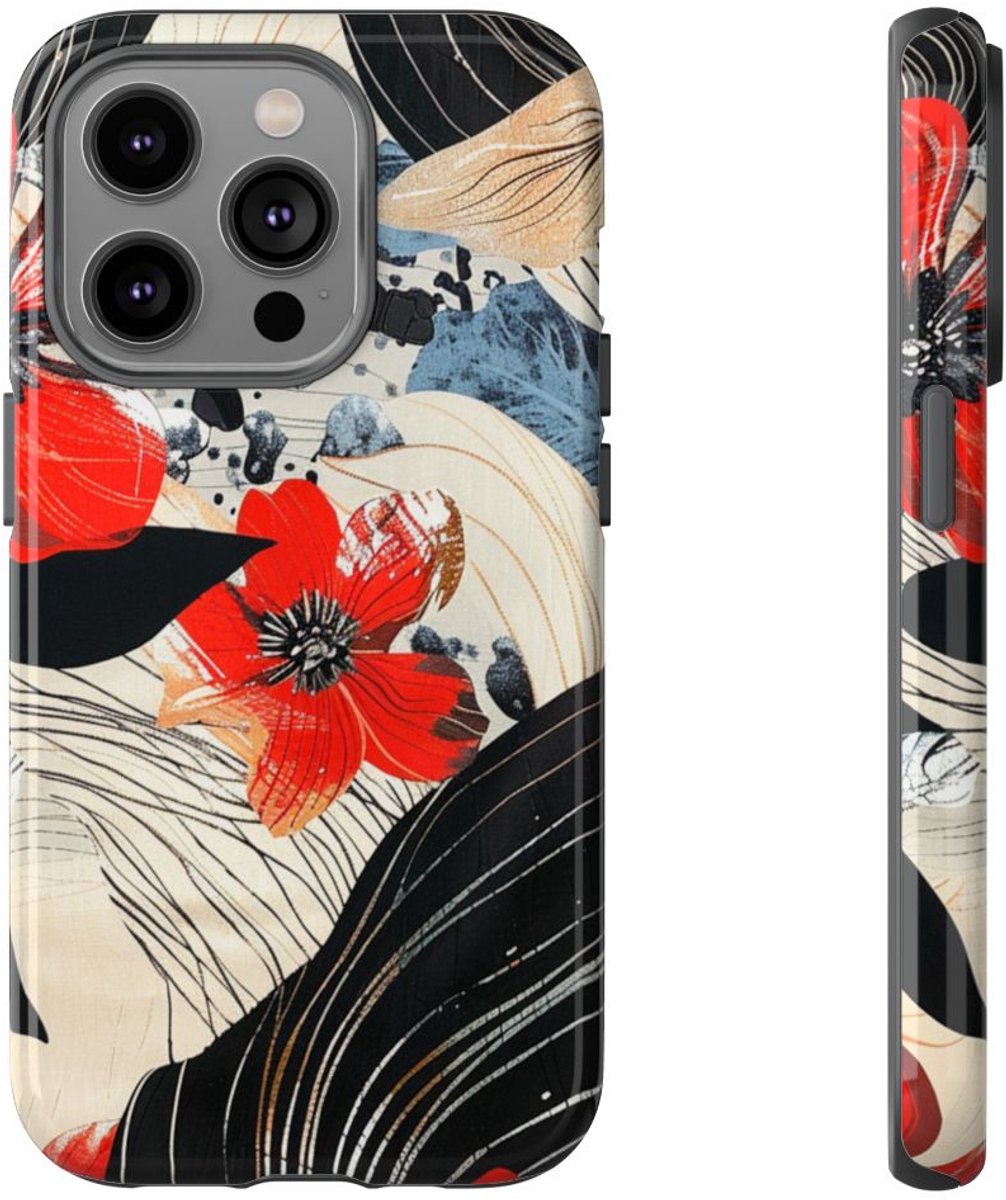 Rood Bloemen Abstract Patroon – Telefoonhoesje Geschikt voor iPhone 14 Pro