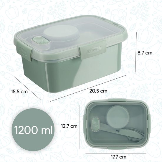 Boîte à lunch Curver vert pâle de 1200 ml, avec dimensions et vue de dessus avec couverts.