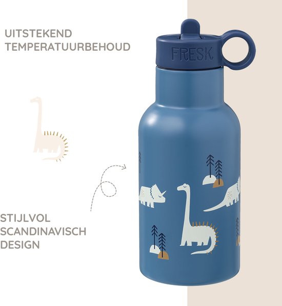 Blauwe thermosfles met dinosaurusprint en schroefdop.
