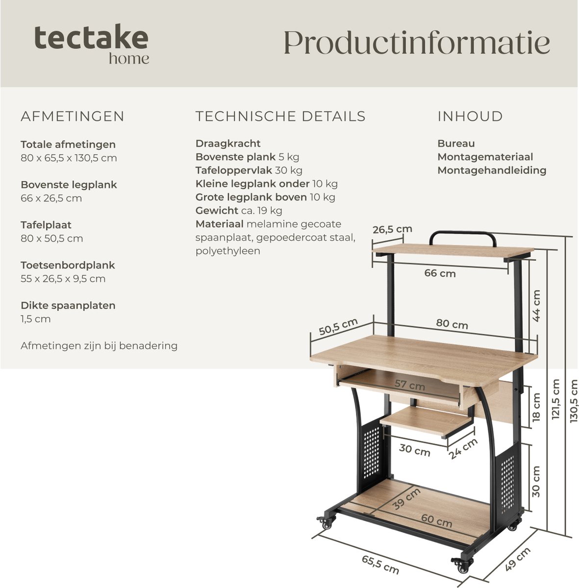 tectake tectake Industrieel Verrijdbaar Bureau - afbeelding 3