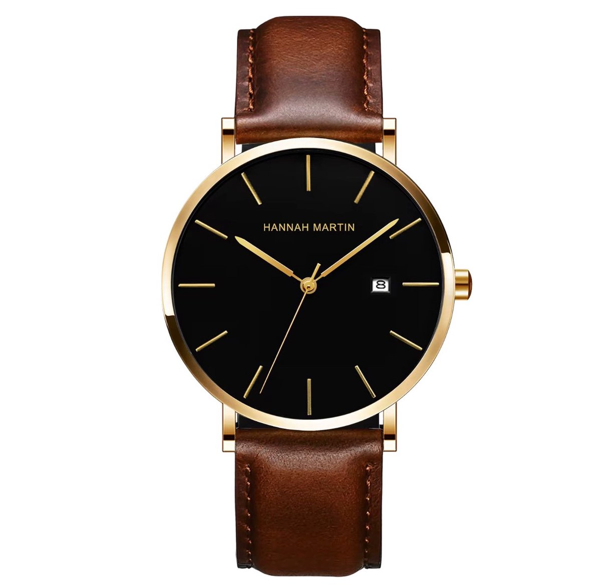 Hannah Martin Heren Horloge Bruin | Zwart Plaat | Bruin Lederen Polsband | Goudkleurig Wijzers | Heren Horloges | Horloges |