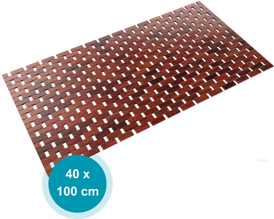 Donkerbruine badmat van bamboe in een rasterpatroon, 40 x 100 cm.