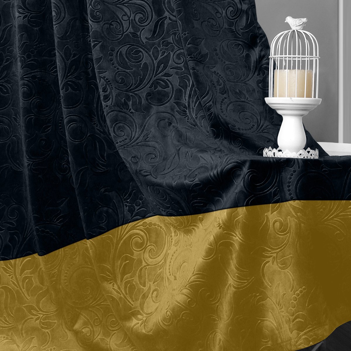 Qelus Gordijnen - Luxe 2-delige Gekreukt Fluweel Gordijn - Bloemendamastpatroon (Zwart & Goud) - Verduisterend, Thermisch Isolerend & Lichtwerend - Perfect voor Woonkamer & Slaapkamer - B 132 x H 274cm