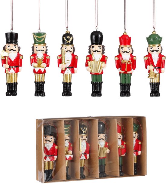 Mica Decorations Kerstornament Notenkraker - Set van 6 - L4 x B2 x H11 cm - Polyester - Rood