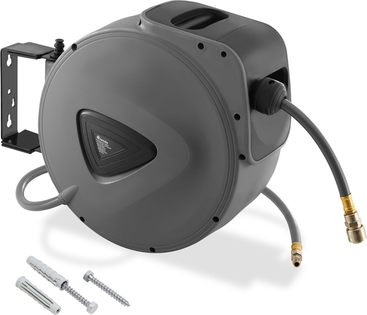 tectake® Persluchtslanghaspel met ¼ inch snelkoppeling - Automatische haspel met slangstop - Wandhouder - Automatische slanghaspel - Verschillende lengtes - 20 m