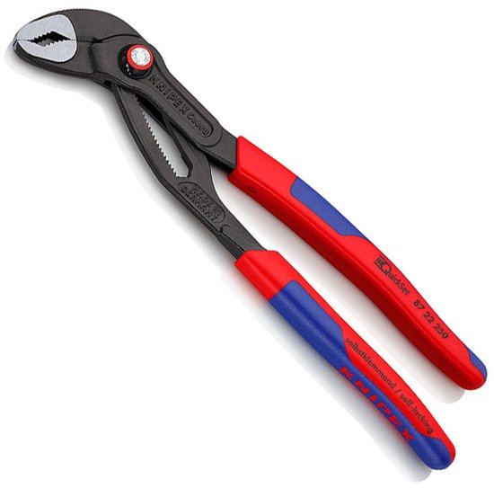 Waterpomptang met rode en blauwe handvatten, schuin geplaatst. Tekst 'KNIPEX Cobra QuickSet 87 22 250' en 'selbstklemmend / self-locking'.