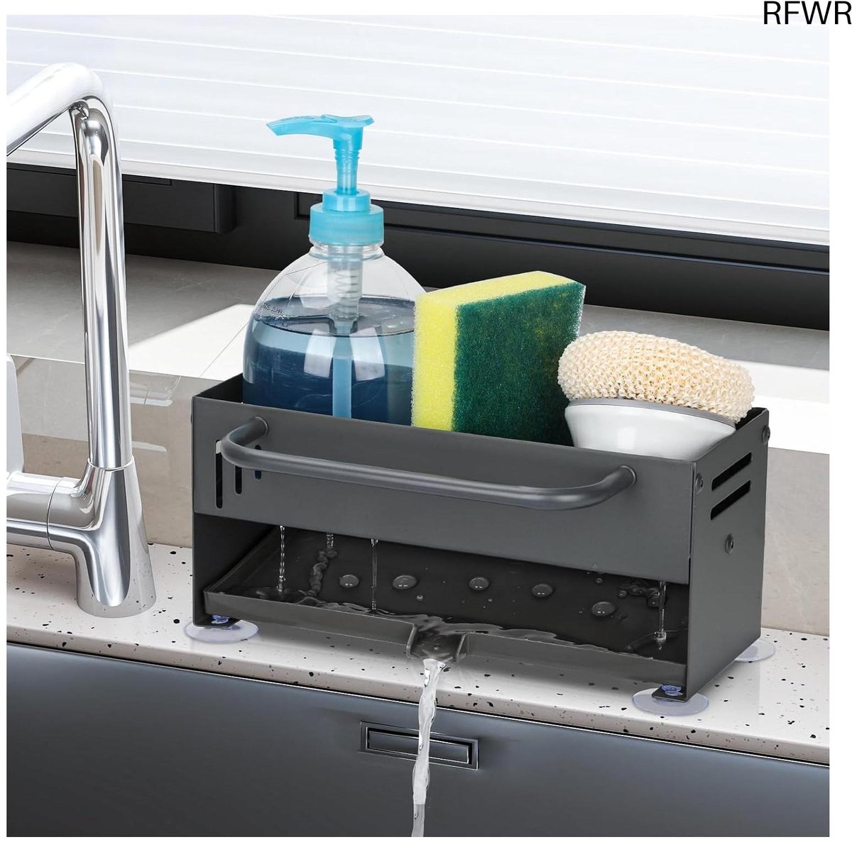 RFWR® Gootsteen Organizer met Afvoer en Vaatdoekhouder - Duurzaam Koolstofstaal, Multifunctionele Keukenspons Houder