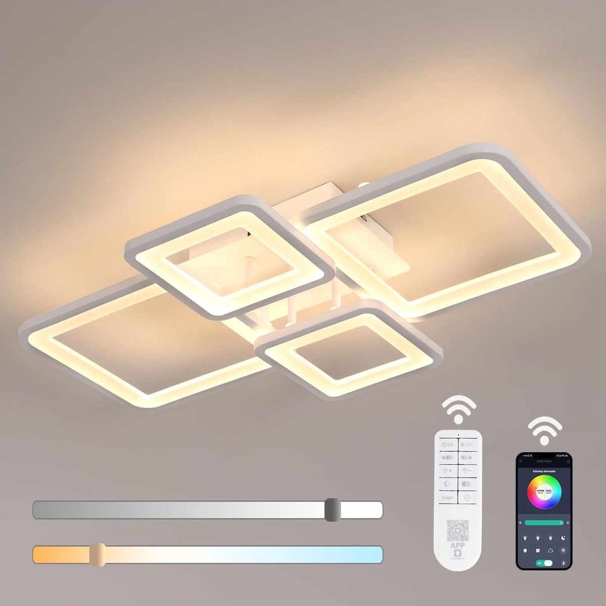 Haobosic - Moderne dimbare LED-plafondlamp 62 cm, 54 W 5400 lm plafondlamp voor woonkamer met afstandsbediening/app 3000 K-6500 K, 4 vierkante witte acryl plafondlampen voor keuken, slaapkamer en eetkamer
