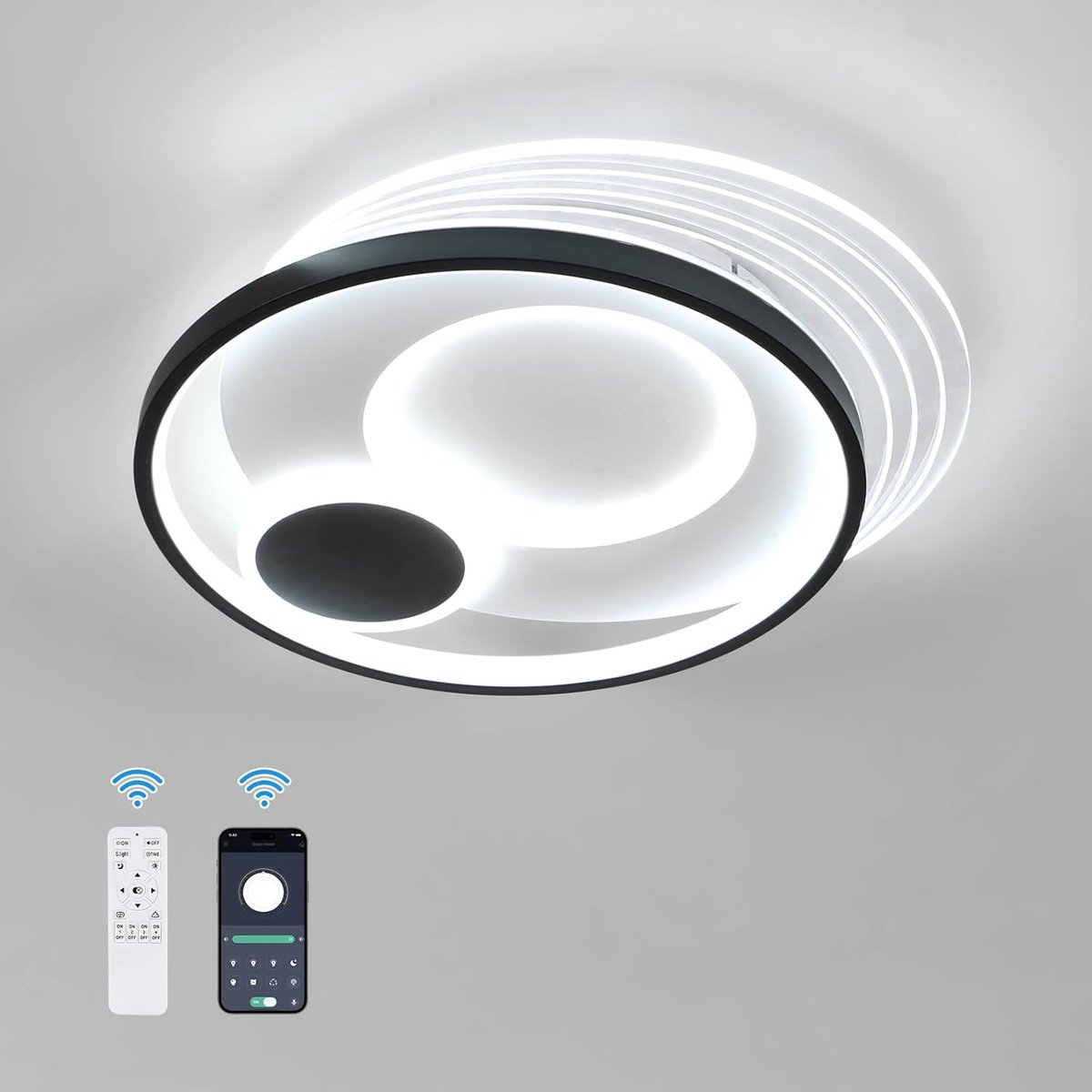 Haobosic - LED plafondlamp, rond, dimbaar, 37W, 3330 lumen, modern, zwart-wit, 45 cm, interieur, slaapkamer, woonkamer, keuken