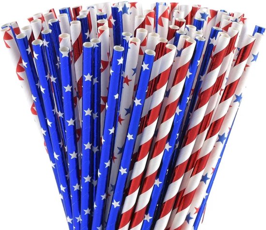 LuukyBB - Amerikaanse Vlag Rietjes - 50 Stuks Patriotische Star Stripe USA Papieren Rietje Memorial Day - 4th of July Viering Thema Feest Biologisch Afbreekbare