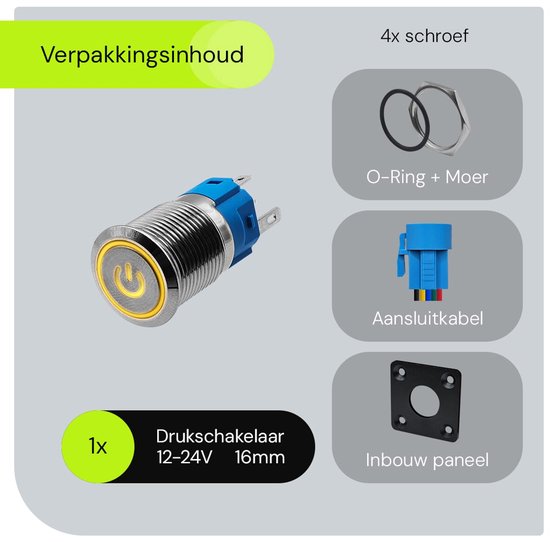 ProRide Pressostat métallique Panneau à encastrer 12V ON-OFF - 16mm - avec câble de connexion - 12V/24V - Indication LED Jaune
