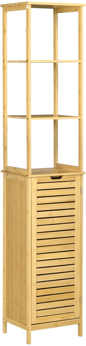 Merax Bamboe Badkamerkast – 173 cm Hoog – Smal – 3 Open Vakken en 1 Deur – Met Kipbeveiliging – Naturel – Voor Kleine Ruimtes