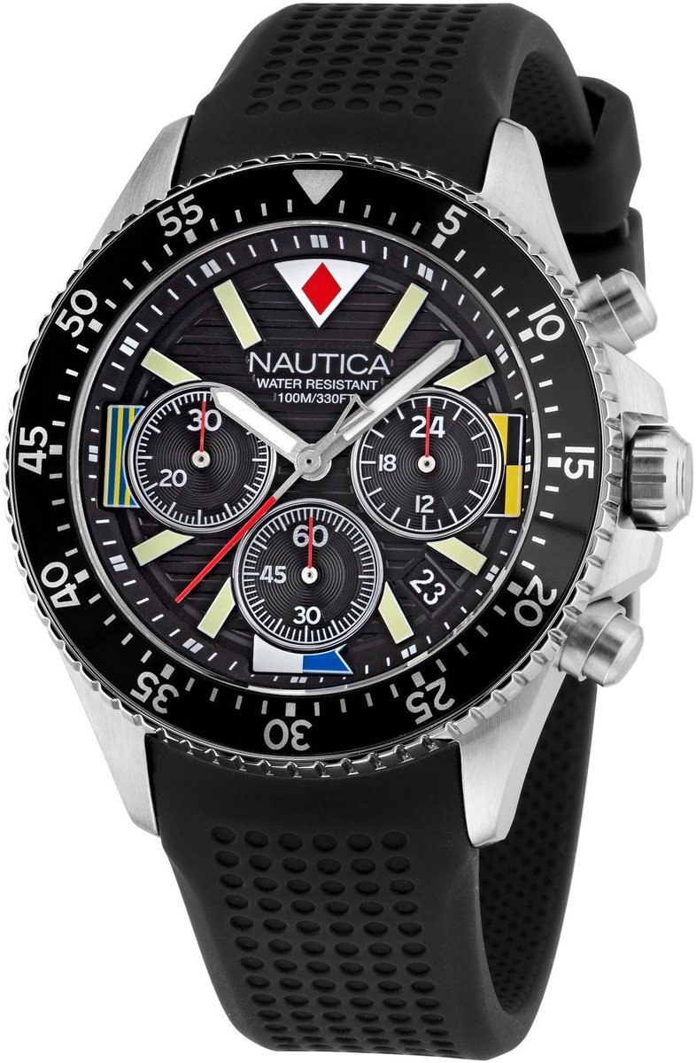 Nautica Wesport Kwarts Analoog Horloge Zwart Case: 100% Stainless Steel + Aluminum | Armband: 100% Silicone 44 mm NAPWPS301