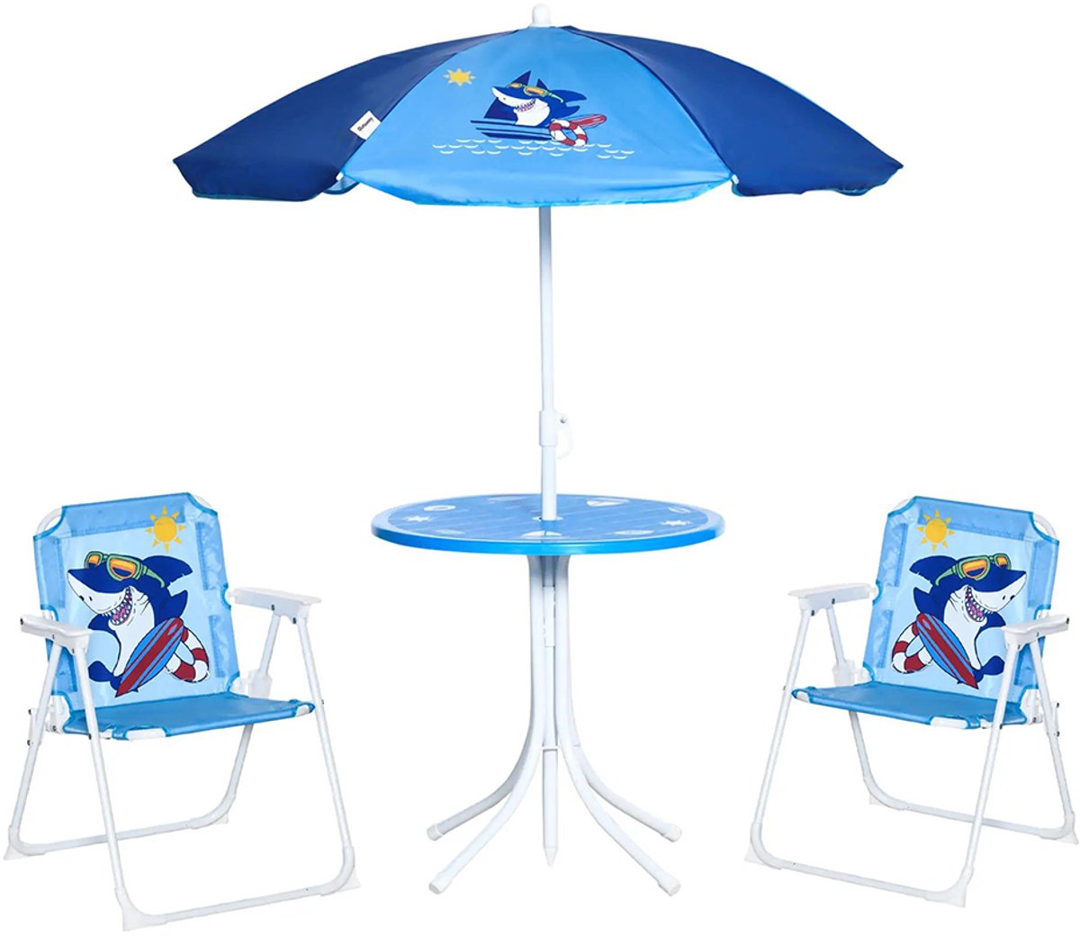 Sweiko Kinderzitjeset - Tuintafel + 2 klapstoelen - Met parasol - Blauw