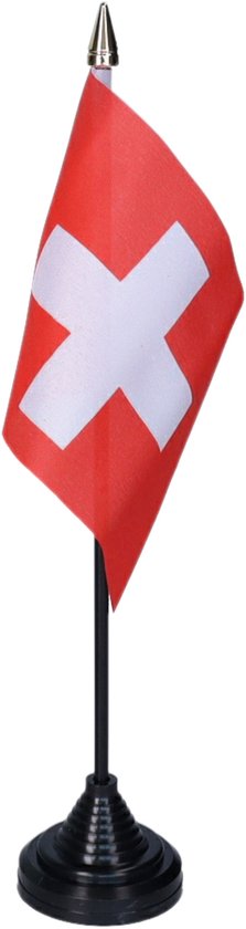 Vlag Zwitserland tafelvlaggetjes - 1x stuks - 10 x 15 cm vlag - zwarte standaard - Supporters - Tafel Versiering - Sport - Fans - Zwitserland