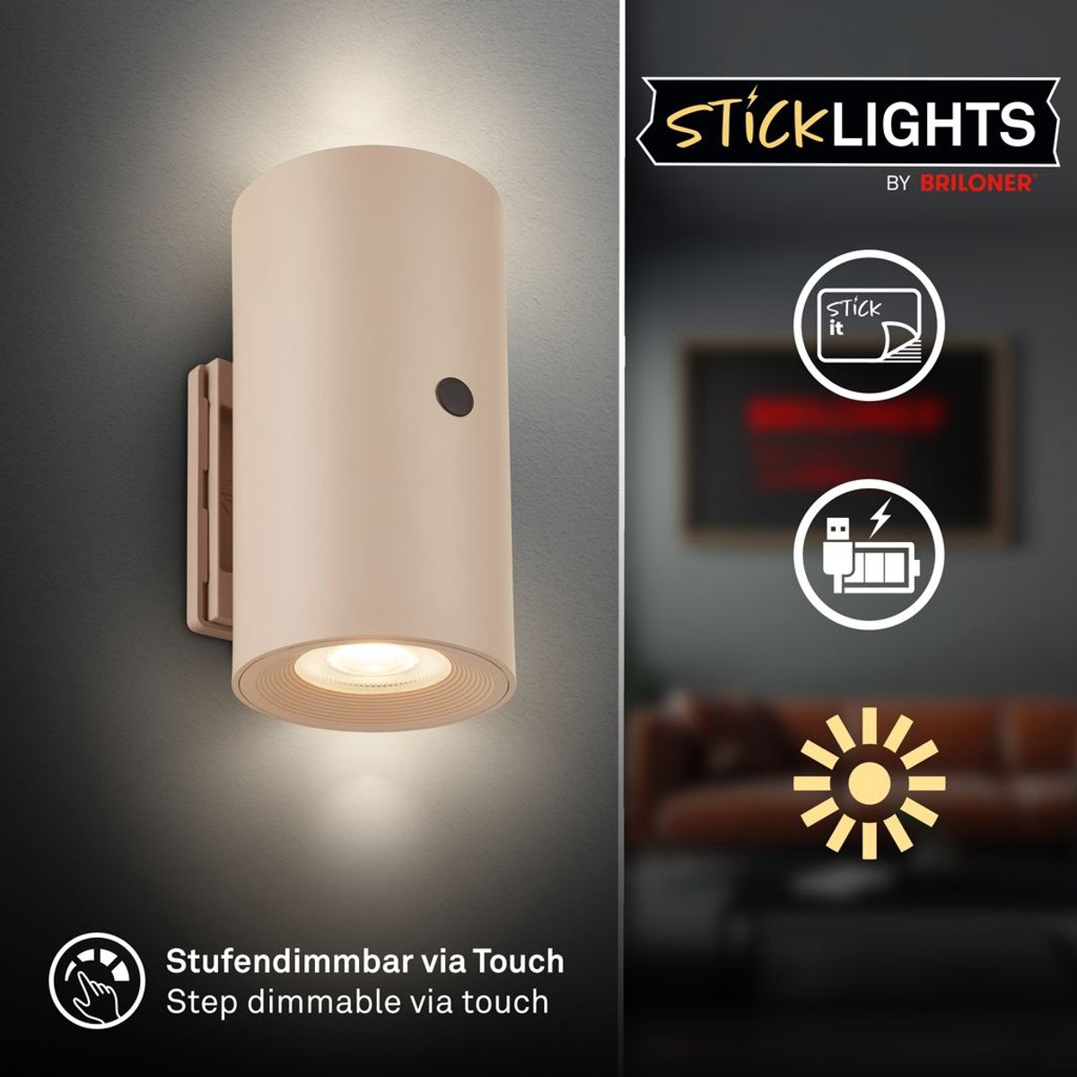 BRILONER Chet - LED Wandlamp oplaadbaar - zonder stroom & boren - met