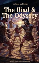 Couverture de livre : L'Iliade et L'Odyssée, écrites par Homère, avec des guerriers grecs antiques en armure sur une plage.