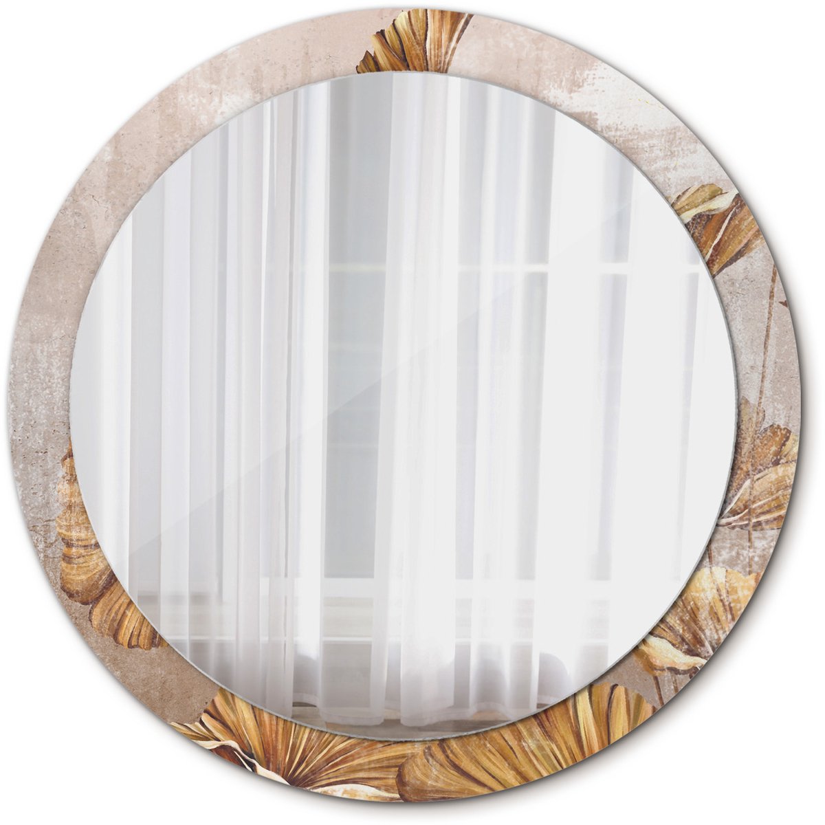 Tulup Spiegel - Ronde vorm Spiegel - op gehard Glas - Boho bladeren - Diameter: 90 cm - Decoratieve spiegel - Inloopkastspiegel – Badkamerspiegel - Toiletspiegel - Gele - Scandinavisch Design - Design Spiegel - Wandmontage