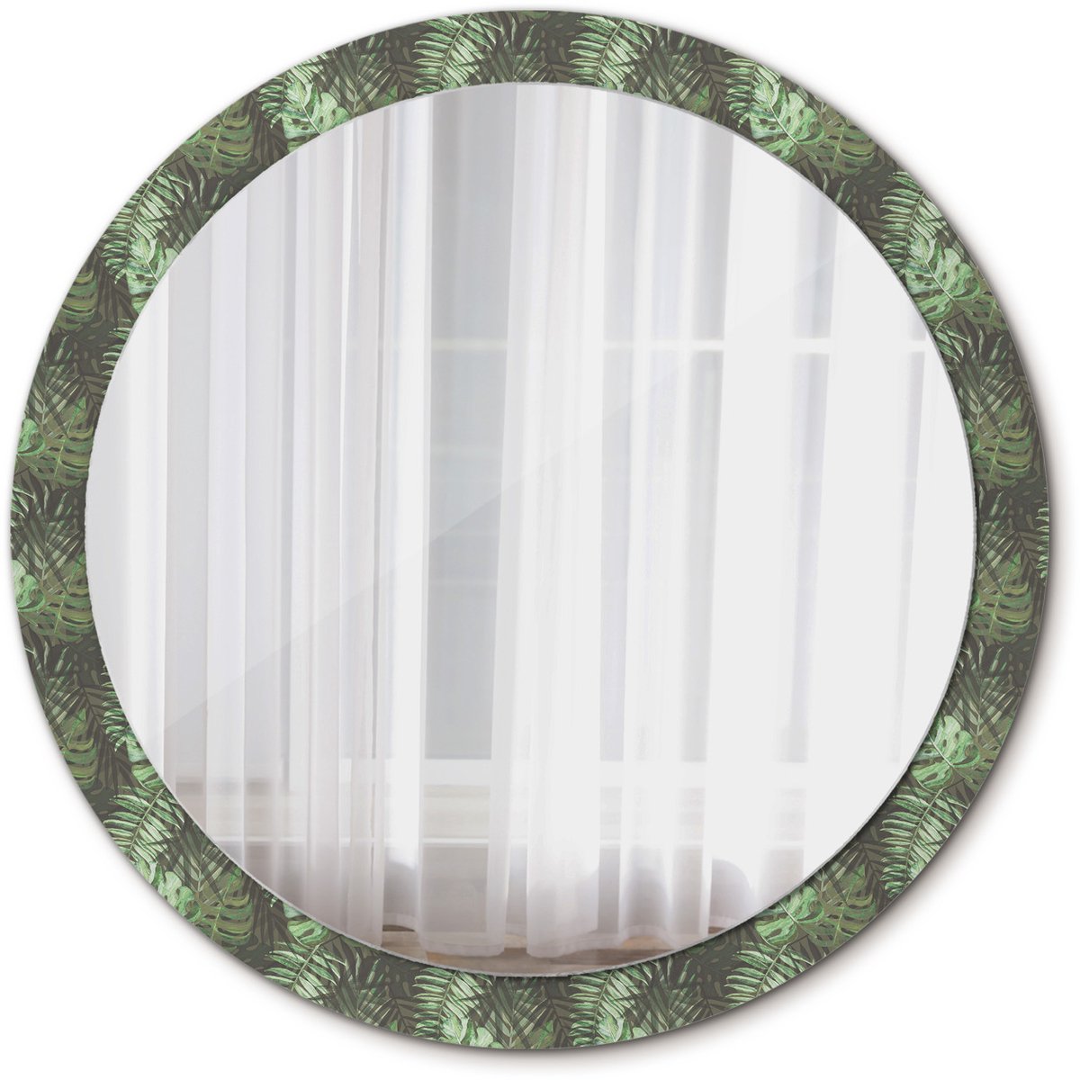 Tulup Spiegel - Ronde Spiegel - Spiegel op gehard Glas - Tropische bladeren - Diameter: 100 cm - Spiegel met decoratieve opdruk - Luxe Spiegel - Groene - Woonkamerspiegel - Inloopkastspiegel - Hal - Make-up Spiegel - Hangspiegel