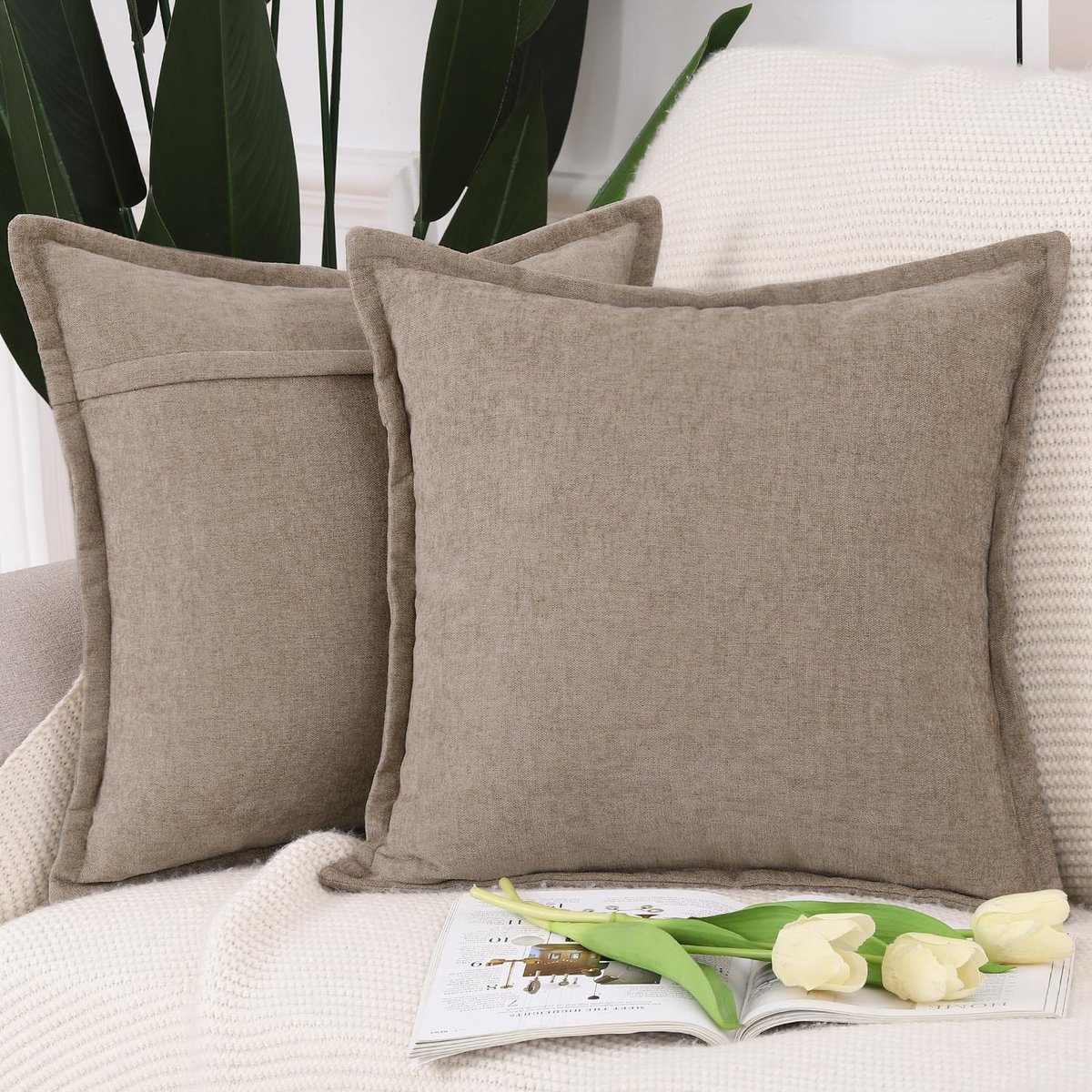 Ibenzoa Moderne Chenille Kussenslopen Set met Stijlvolle Franjes voor Bank en Slaapkamer, Taupe, 40 x 40 cm