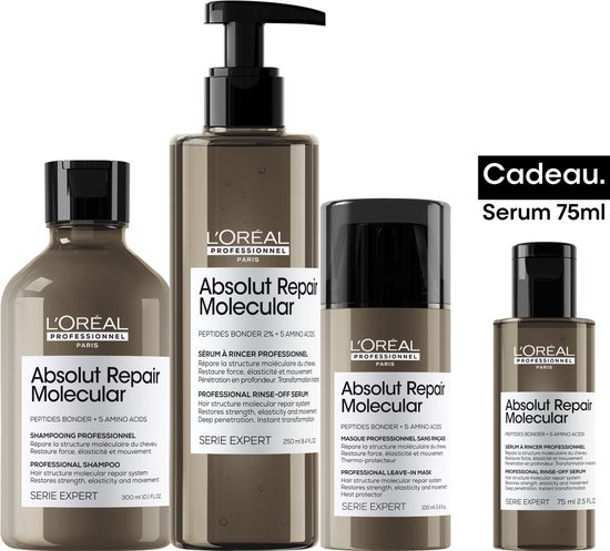 L'Oréal Professionnel Absolut Repair Molecular Bundel + cadeau - Shampoo 300ml, Masker 250ml, Leave-in 100ml en cadeau Rinse-Off serum 75ml - Voordeelverpakking