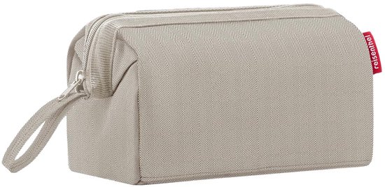 Beige toilettas met visgraatpatroon en een lusje aan de rits.